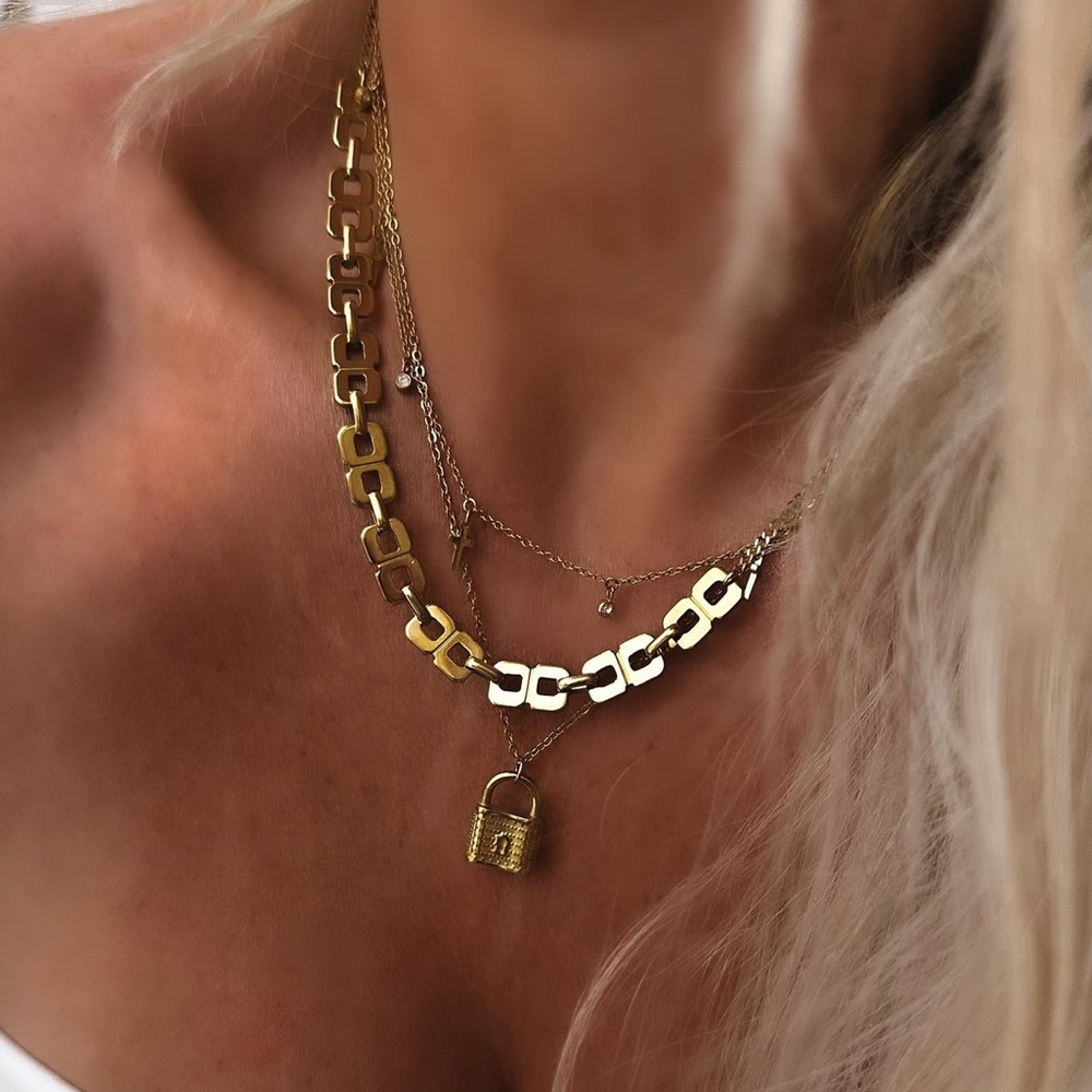 Lock Pendant Gold Chain Layered Necklace